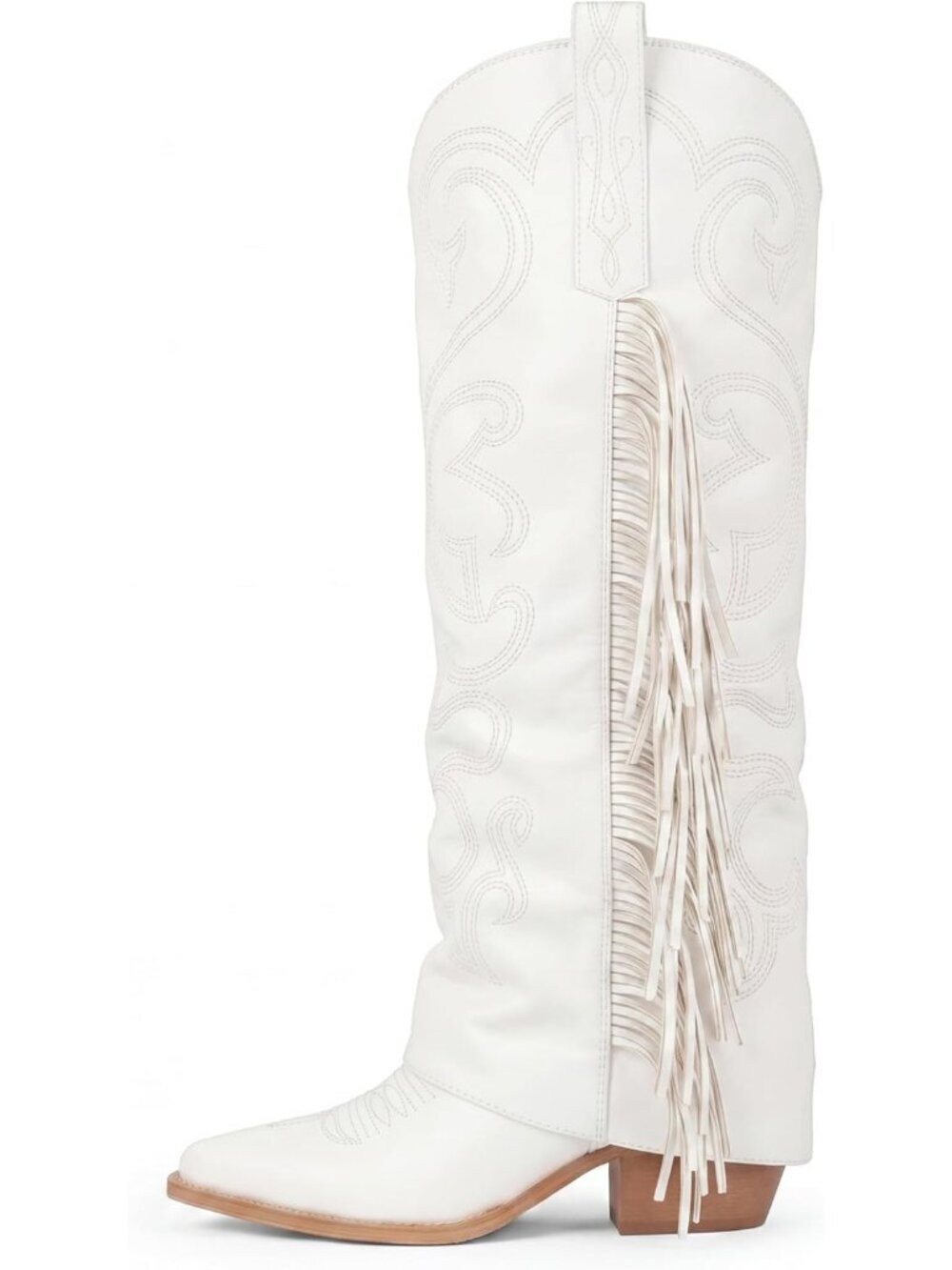 Women's White Cowgirl Pointy Toe Chunky Block Western Embroidery High Heel Boots